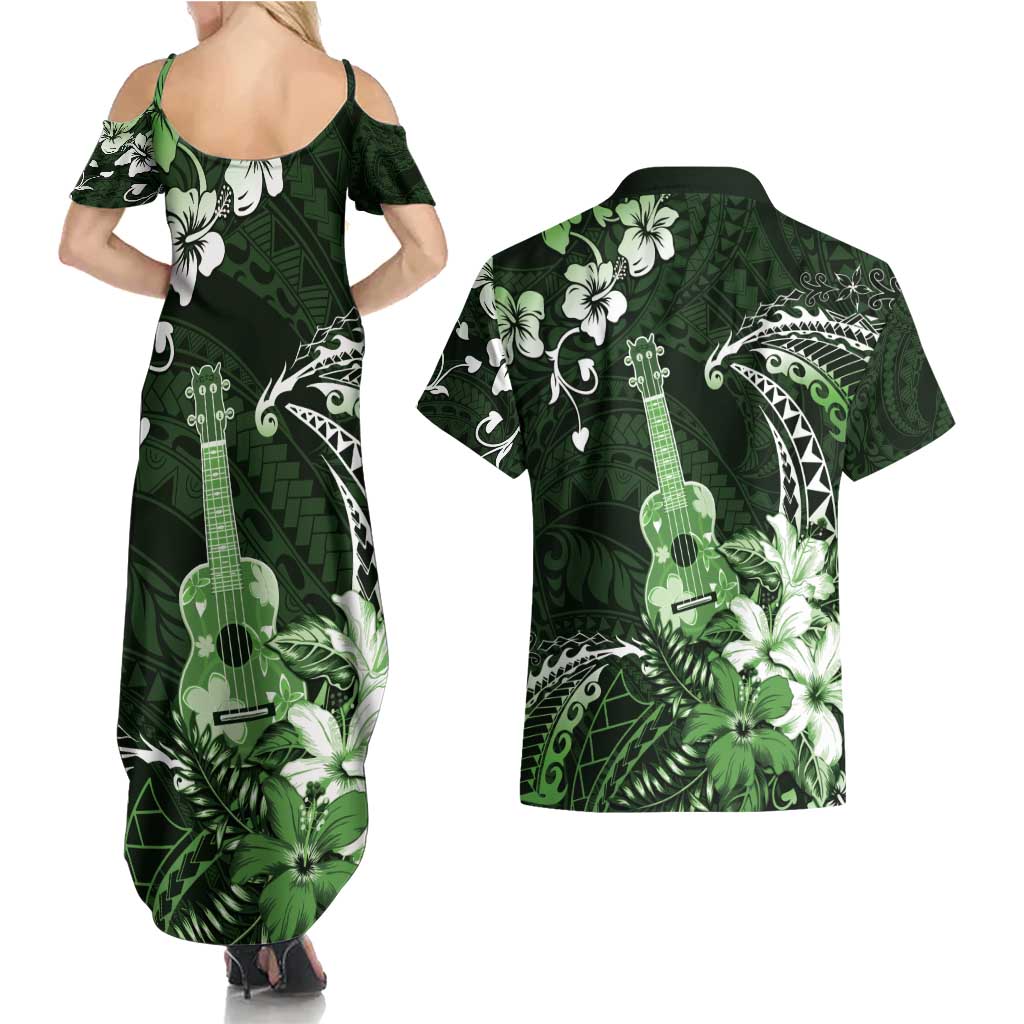 Hawaii Ukulele Couples Matching Summer Maxi Dress and Hawaiian Shirt Polynesian Pattern Mix Hibiscus Green Version LT05