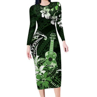 Hawaii Ukulele Family Matching Long Sleeve Bodycon Dress and Hawaiian Shirt Polynesian Pattern Mix Hibiscus Green Version LT05