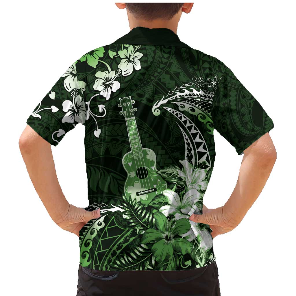 Hawaii Ukulele Family Matching Mermaid Dress and Hawaiian Shirt Polynesian Pattern Mix Hibiscus Green Version LT05
