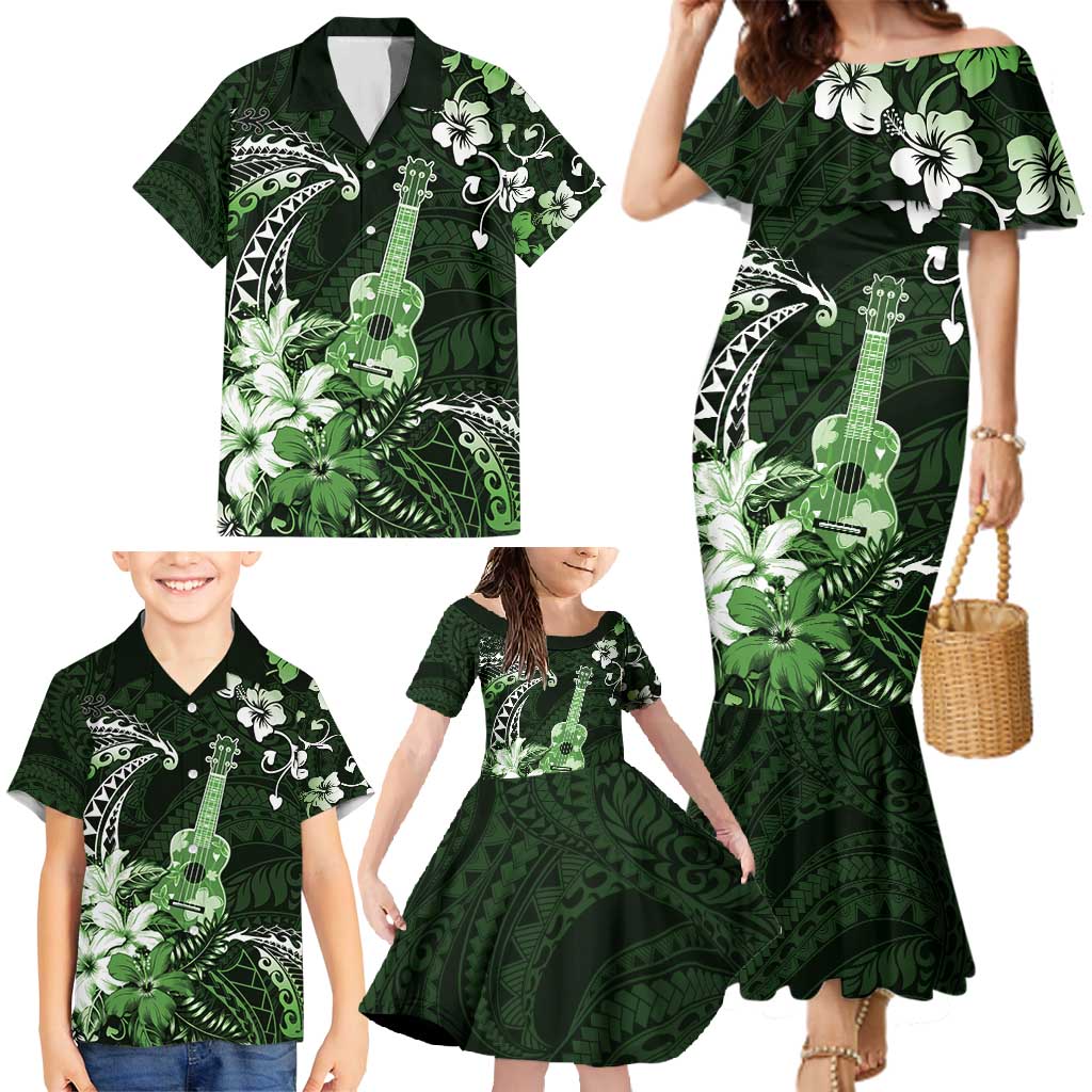 Hawaii Ukulele Family Matching Mermaid Dress and Hawaiian Shirt Polynesian Pattern Mix Hibiscus Green Version LT05