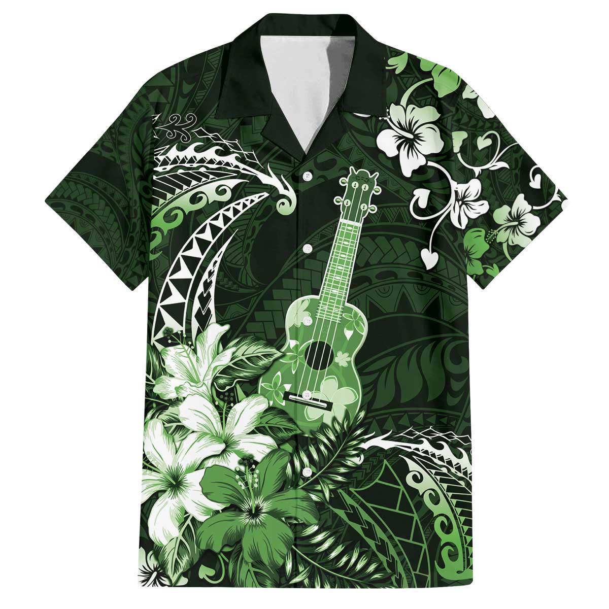 Hawaii Ukulele Family Matching Off The Shoulder Long Sleeve Dress and Hawaiian Shirt Polynesian Pattern Mix Hibiscus Green Version LT05
