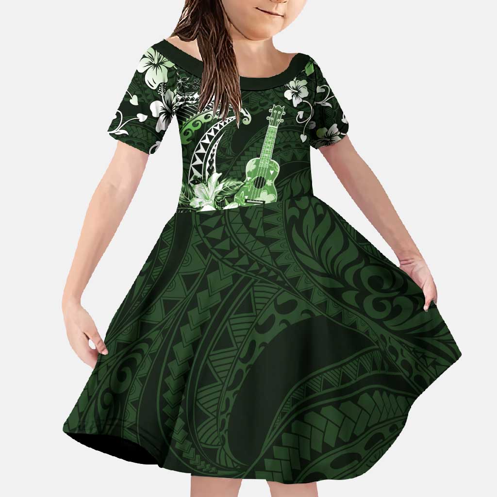 Hawaii Ukulele Family Matching Off Shoulder Maxi Dress and Hawaiian Shirt Polynesian Pattern Mix Hibiscus Green Version LT05