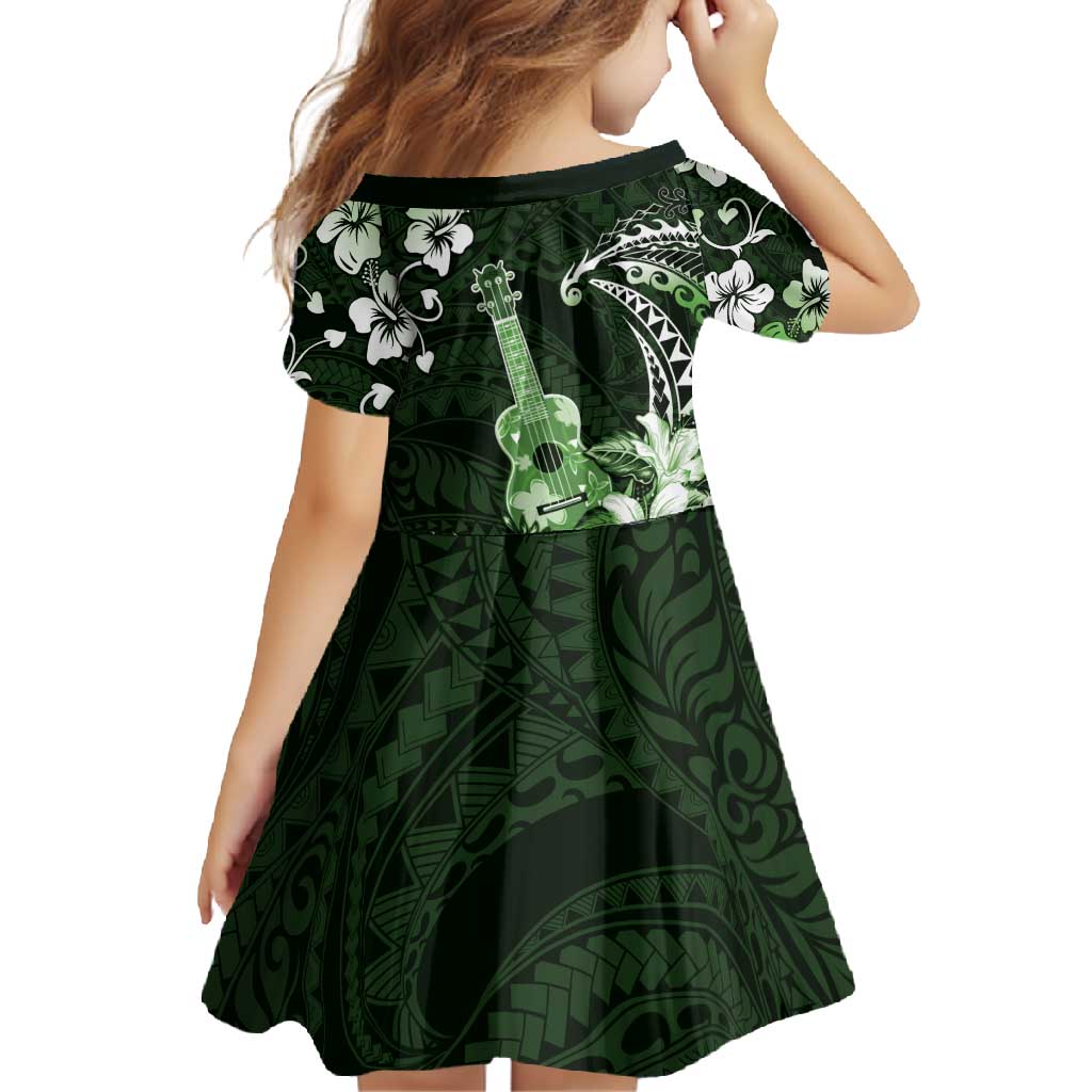 Hawaii Ukulele Family Matching Off Shoulder Maxi Dress and Hawaiian Shirt Polynesian Pattern Mix Hibiscus Green Version LT05