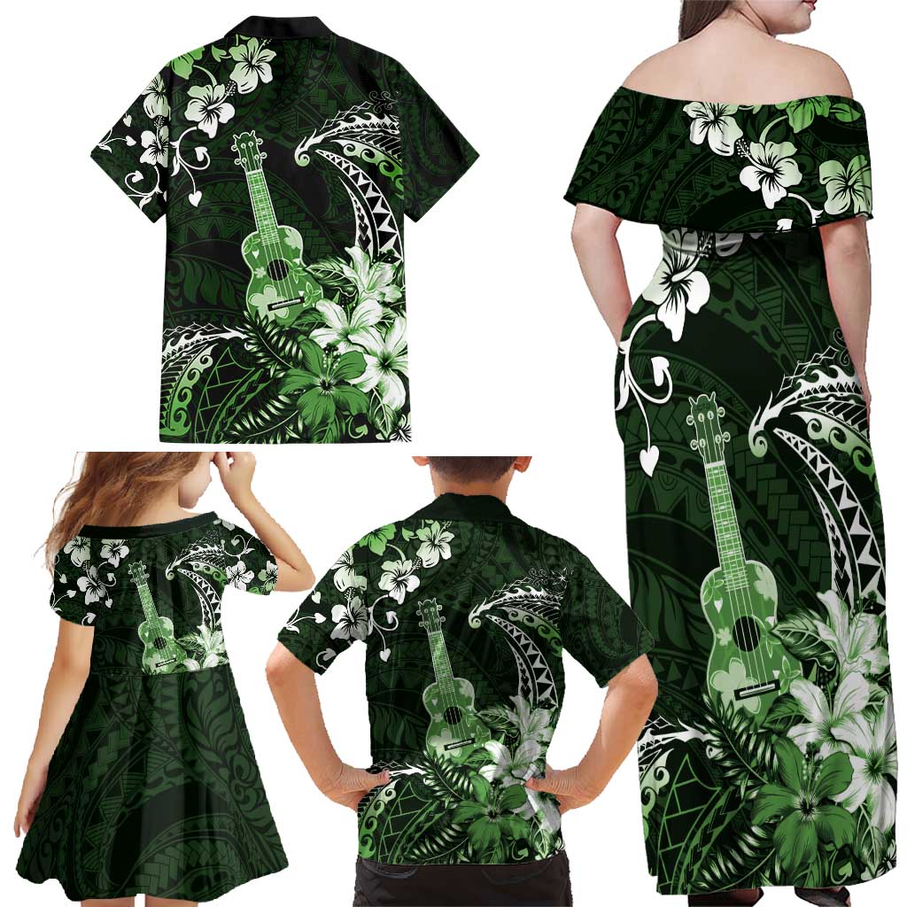 Hawaii Ukulele Family Matching Off Shoulder Maxi Dress and Hawaiian Shirt Polynesian Pattern Mix Hibiscus Green Version LT05