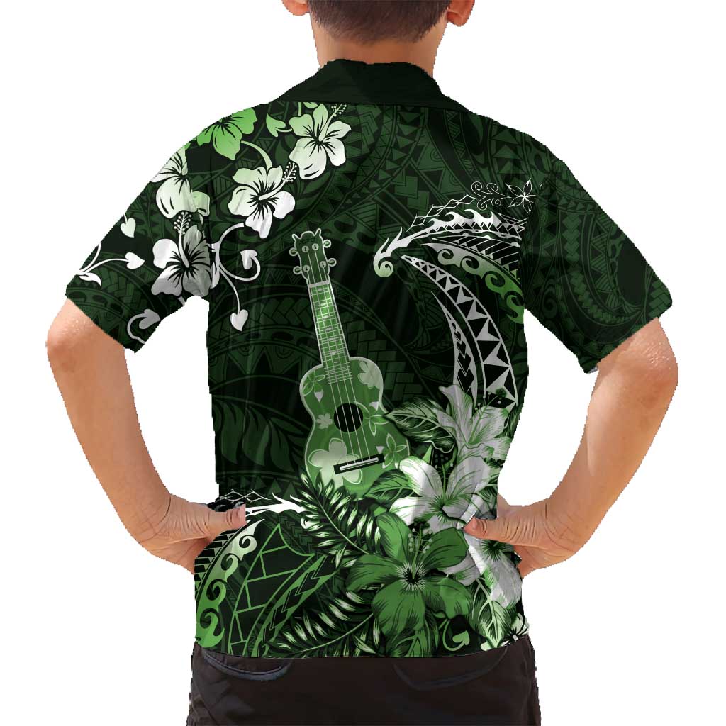 Hawaii Ukulele Family Matching Puletasi and Hawaiian Shirt Polynesian Pattern Mix Hibiscus Green Version LT05