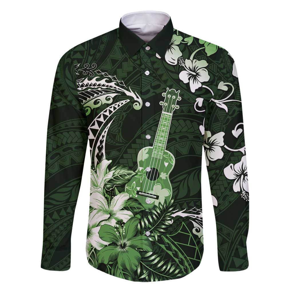 Hawaii Ukulele Family Matching Puletasi and Hawaiian Shirt Polynesian Pattern Mix Hibiscus Green Version LT05