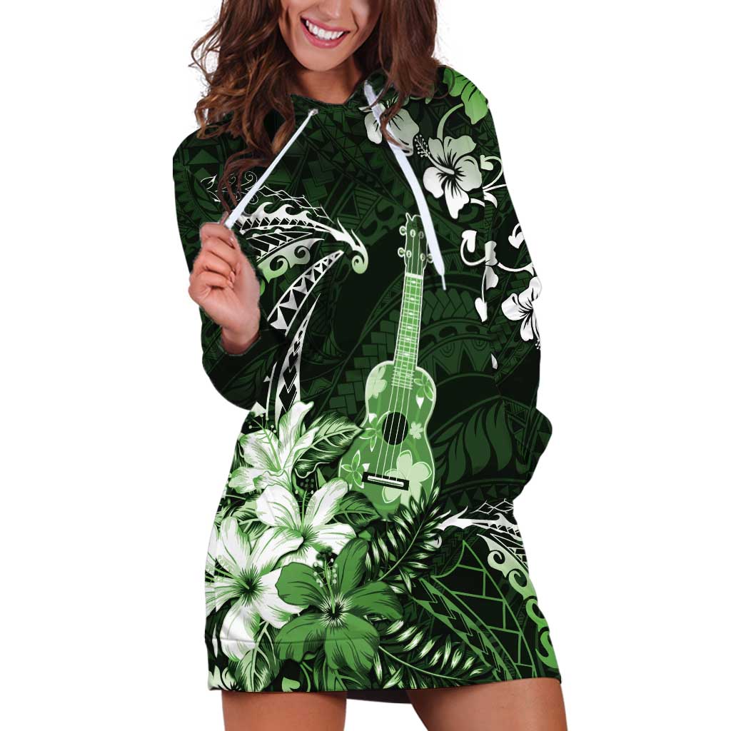 Hawaii Ukulele Hoodie Dress Polynesian Pattern Mix Hibiscus Green Version LT05