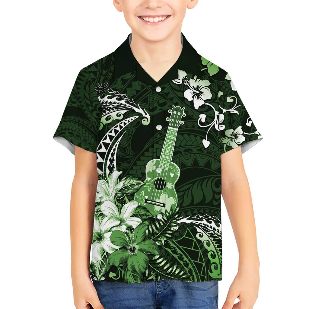 Hawaii Ukulele Kid Hawaiian Shirt Polynesian Pattern Mix Hibiscus Green Version LT05