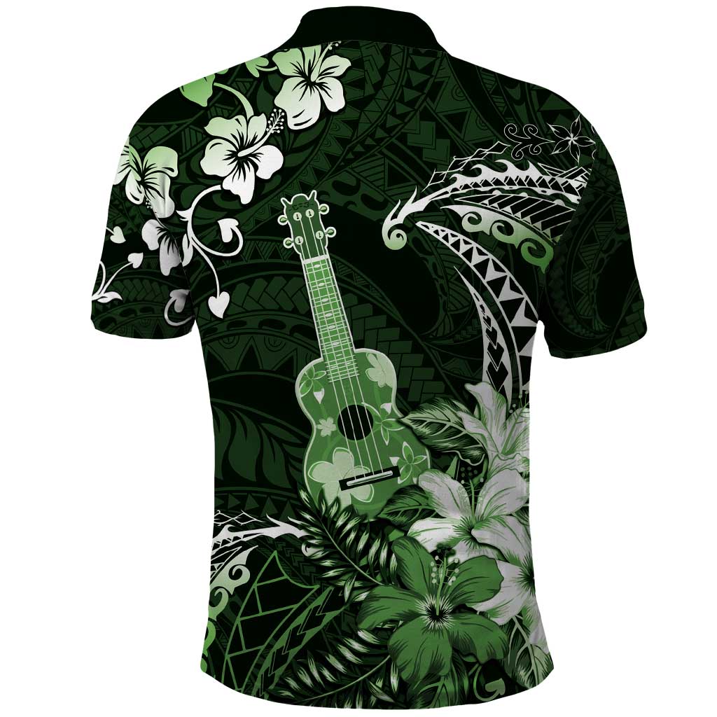 Hawaii Ukulele Polo Shirt Polynesian Pattern Mix Hibiscus Green Version LT05