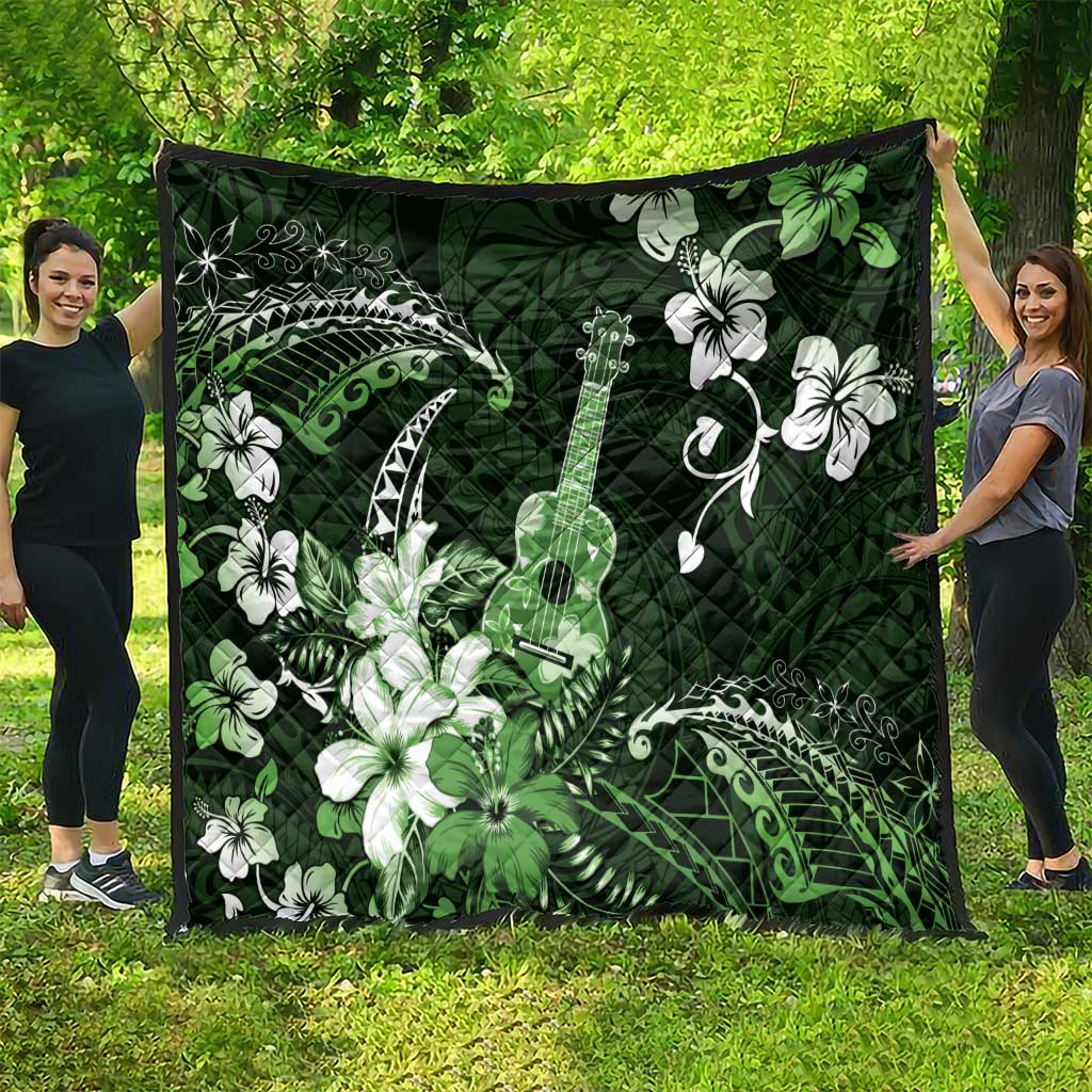 Hawaii Ukulele Quilt Polynesian Pattern Mix Hibiscus Green Version