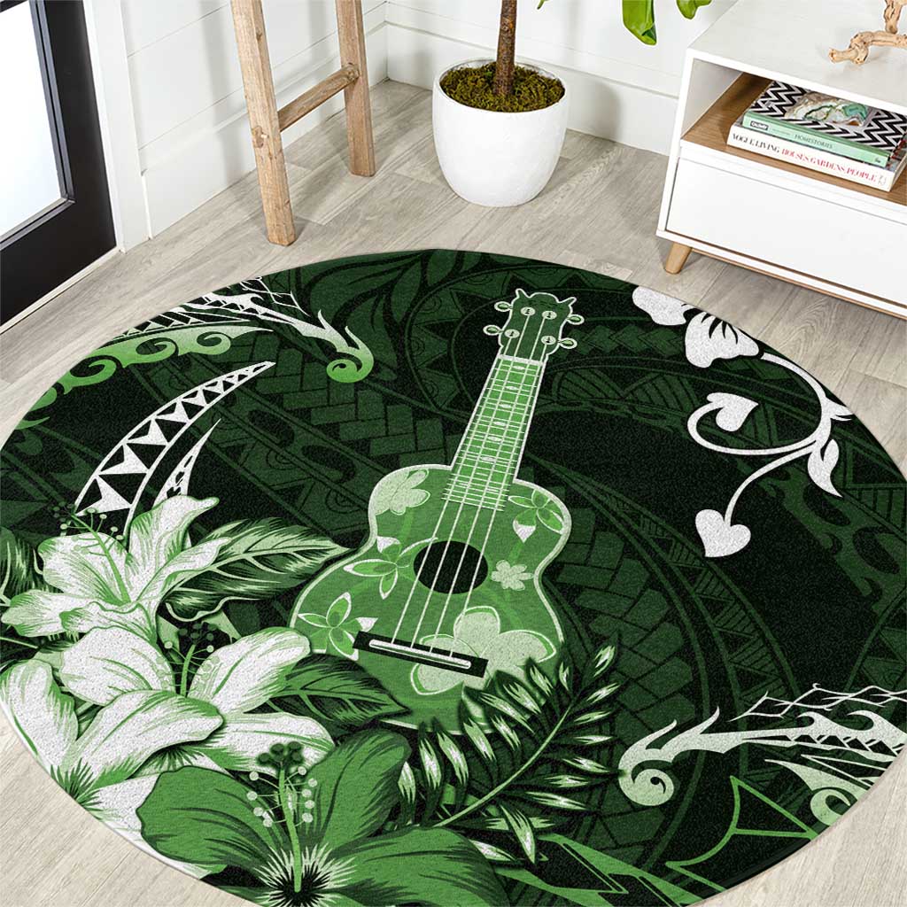 Hawaii Ukulele Round Carpet Polynesian Pattern Mix Hibiscus Green Version