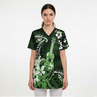 Hawaii Ukulele Scrub Top Polynesian Pattern Mix Hibiscus Green Version - Polynesian Pride
