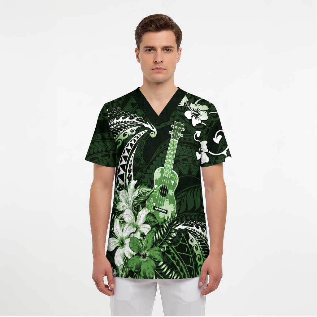 Hawaii Ukulele Scrub Top Polynesian Pattern Mix Hibiscus Green Version - Polynesian Pride