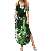 Hawaii Ukulele Summer Maxi Dress Polynesian Pattern Mix Hibiscus Green Version LT05