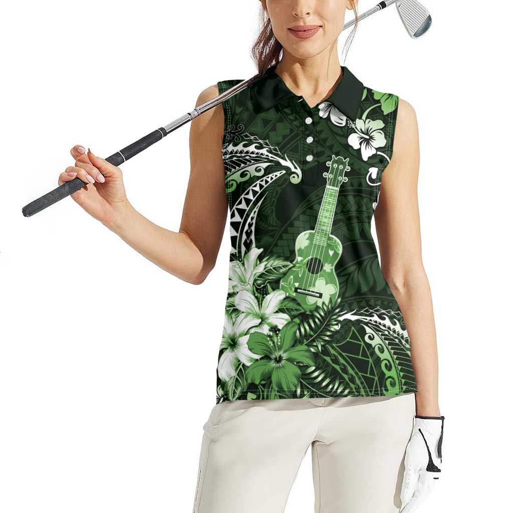 Hawaii Ukulele Women Sleeveless Polo Shirt Polynesian Pattern Mix Hibiscus Green Version LT05