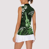 Hawaii Ukulele Women Sleeveless Polo Shirt Polynesian Pattern Mix Hibiscus Green Version LT05
