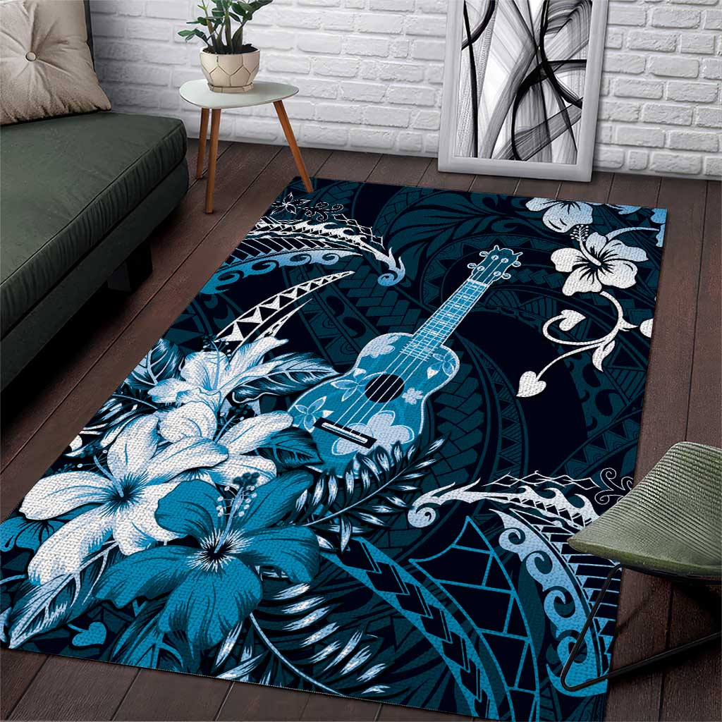 Hawaii Ukulele Area Rug Polynesian Pattern Mix Hibiscus Blue Version