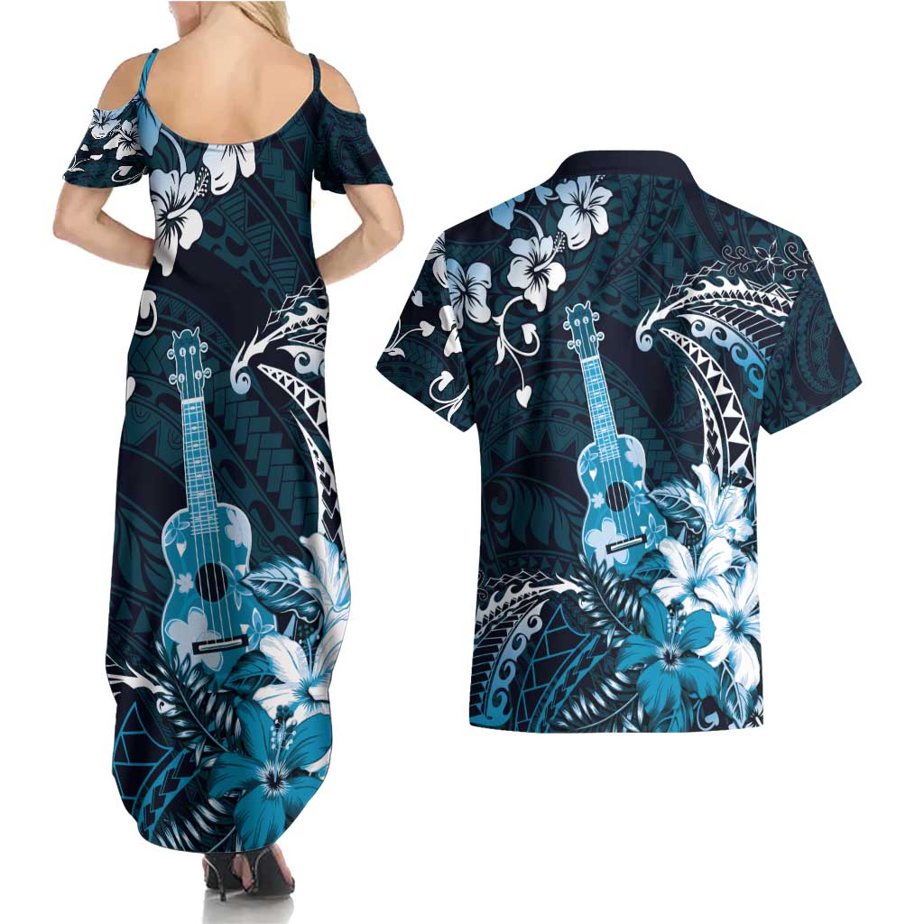 Hawaii Ukulele Couples Matching Summer Maxi Dress and Hawaiian Shirt Polynesian Pattern Mix Hibiscus Blue Version LT05