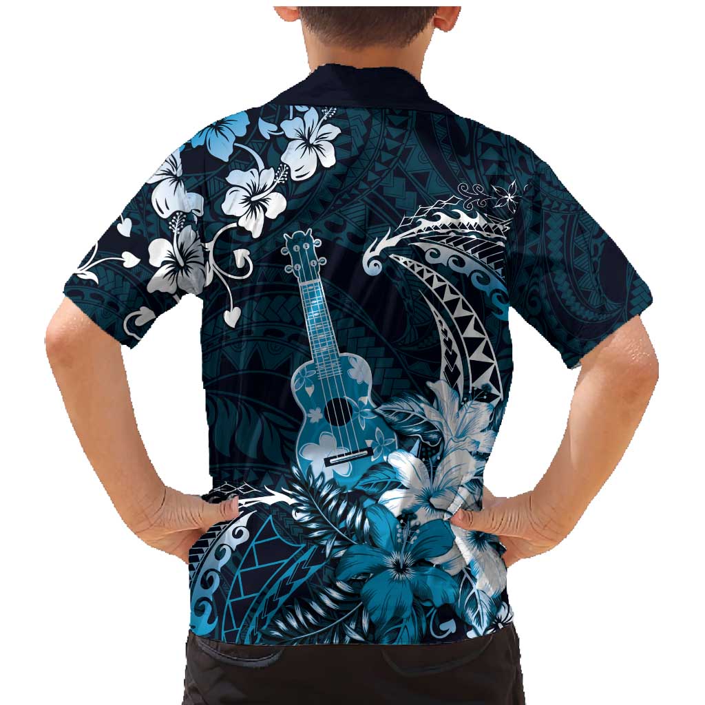 Hawaii Ukulele Family Matching Mermaid Dress and Hawaiian Shirt Polynesian Pattern Mix Hibiscus Blue Version LT05