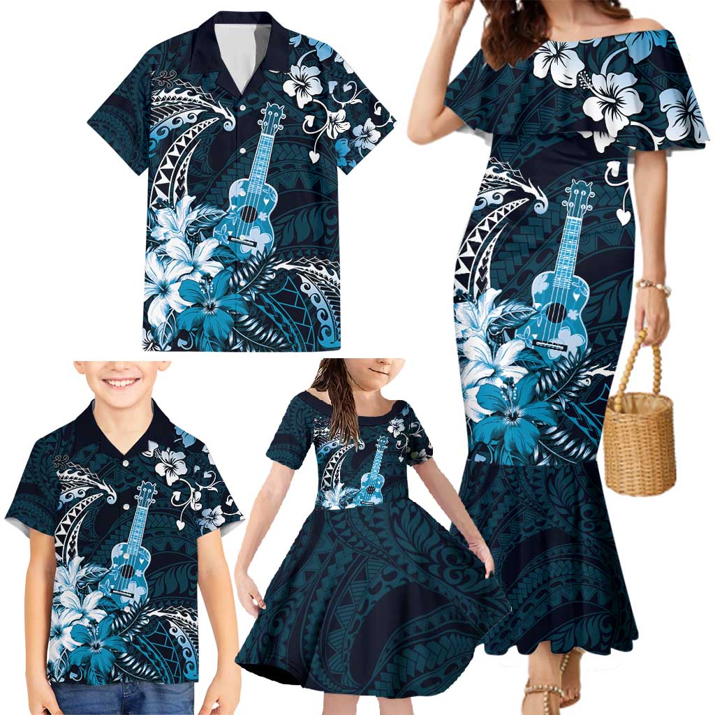 Hawaii Ukulele Family Matching Mermaid Dress and Hawaiian Shirt Polynesian Pattern Mix Hibiscus Blue Version LT05