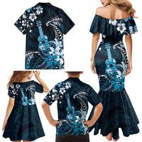 Hawaii Ukulele Family Matching Mermaid Dress and Hawaiian Shirt Polynesian Pattern Mix Hibiscus Blue Version LT05