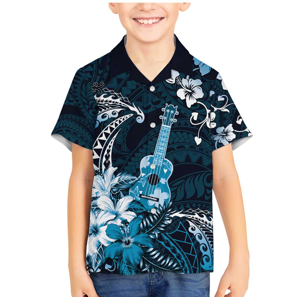 Hawaii Ukulele Family Matching Mermaid Dress and Hawaiian Shirt Polynesian Pattern Mix Hibiscus Blue Version LT05