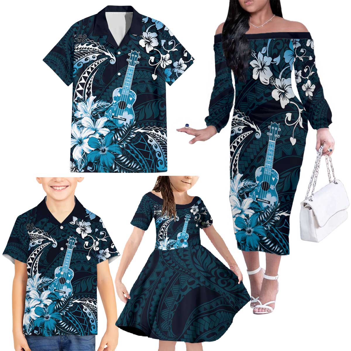 Hawaii Ukulele Family Matching Off The Shoulder Long Sleeve Dress and Hawaiian Shirt Polynesian Pattern Mix Hibiscus Blue Version LT05