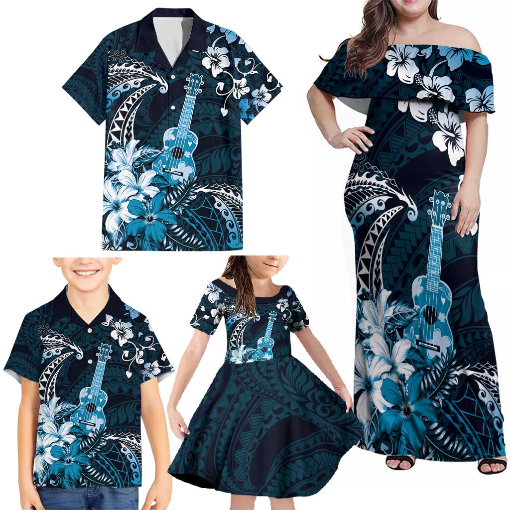 Hawaii Ukulele Family Matching Off Shoulder Maxi Dress and Hawaiian Shirt Polynesian Pattern Mix Hibiscus Blue Version LT05