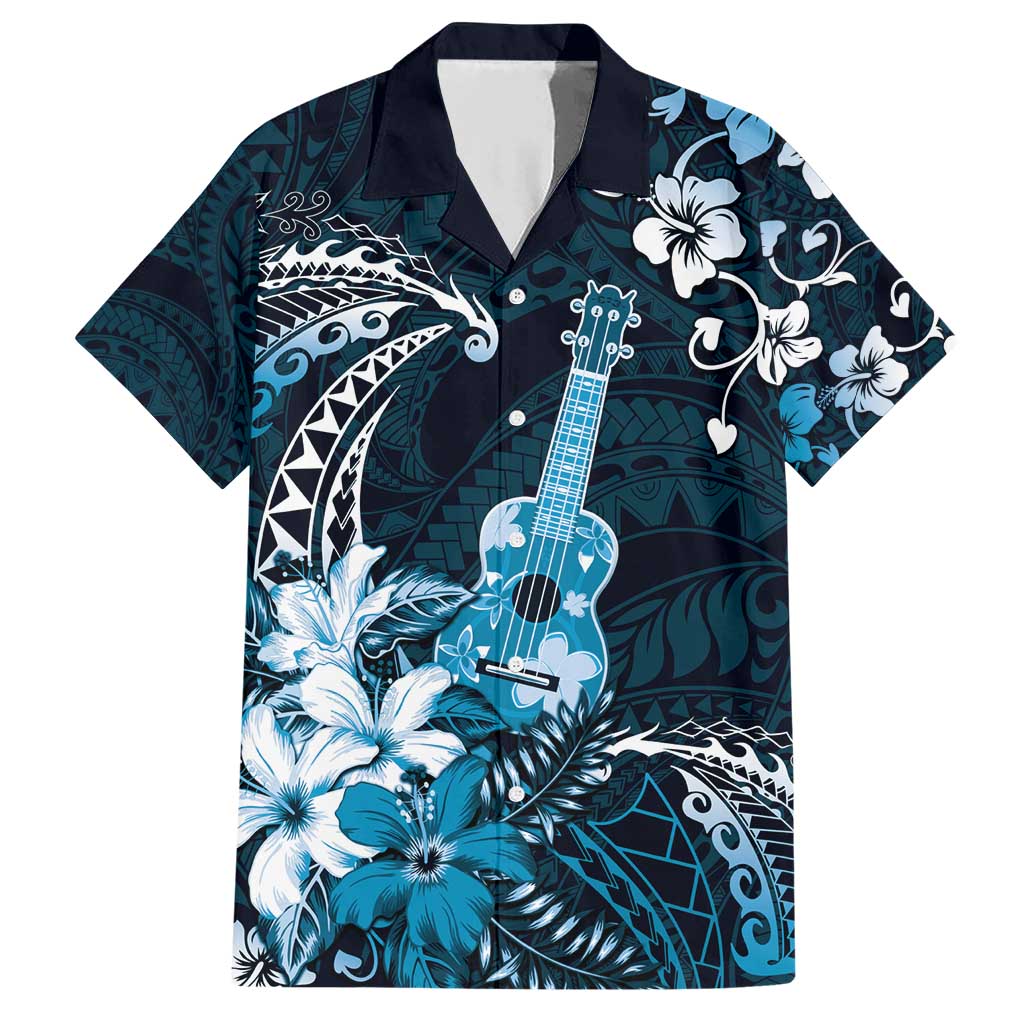 Hawaii Ukulele Family Matching Short Sleeve Bodycon Dress and Hawaiian Shirt Polynesian Pattern Mix Hibiscus Blue Version LT05