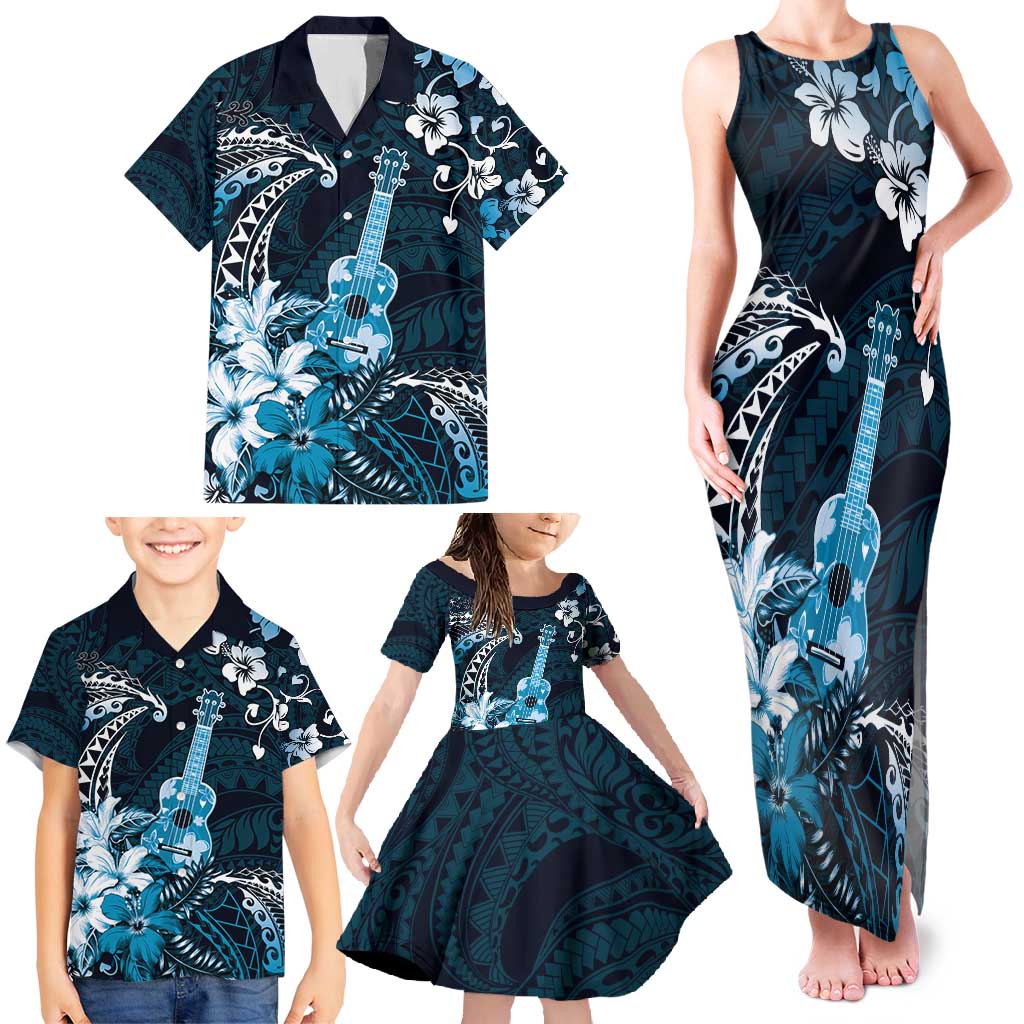 Hawaii Ukulele Family Matching Tank Maxi Dress and Hawaiian Shirt Polynesian Pattern Mix Hibiscus Blue Version LT05