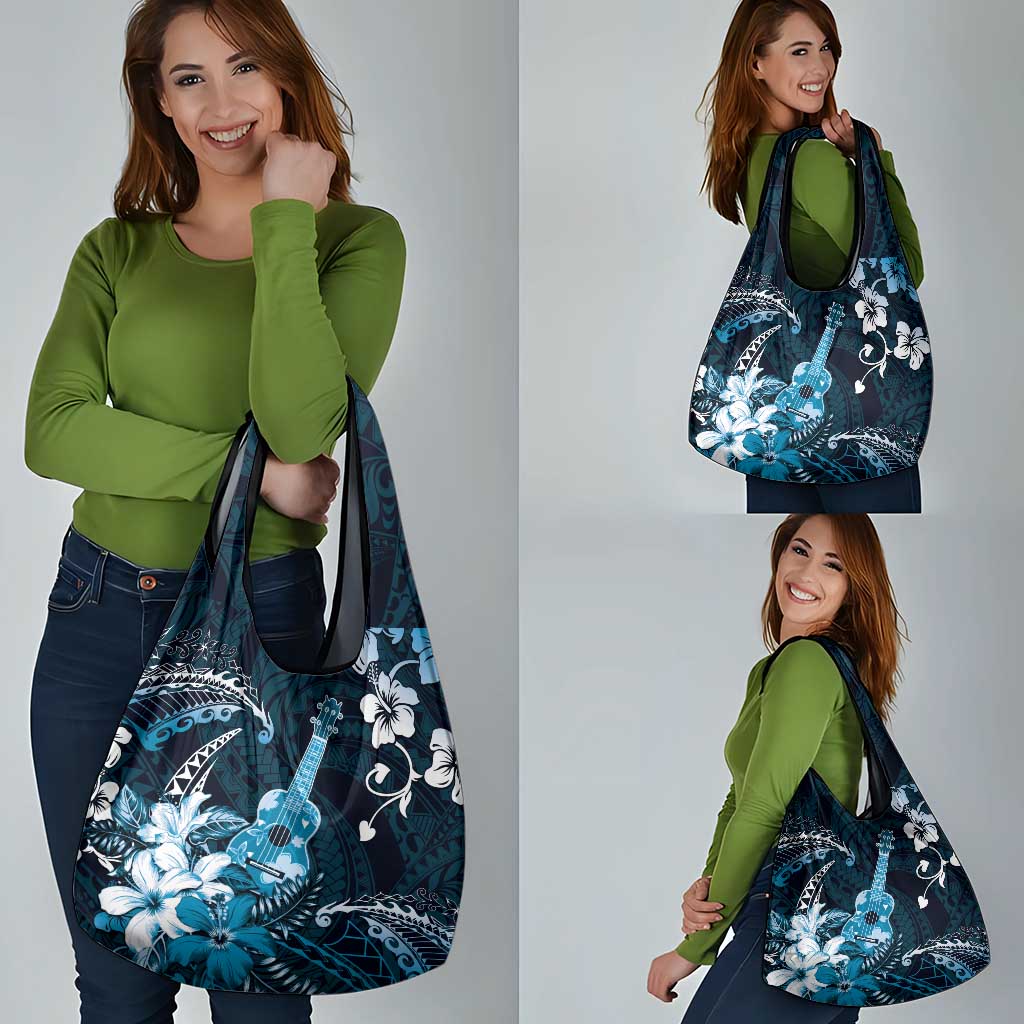 Hawaii Ukulele Grocery Bag Polynesian Pattern Mix Hibiscus Blue Version
