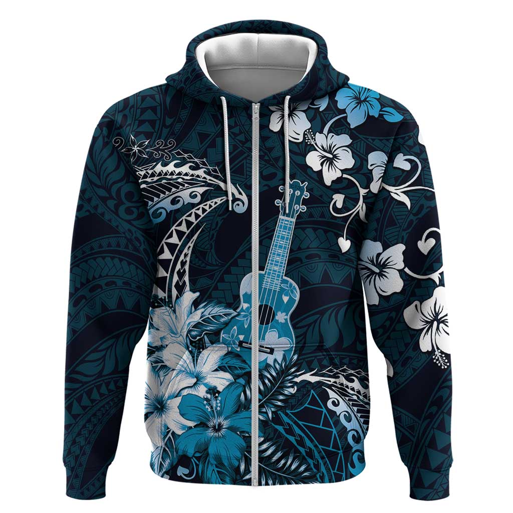 Hawaii Ukulele Hoodie Polynesian Pattern Mix Hibiscus Blue Version LT05