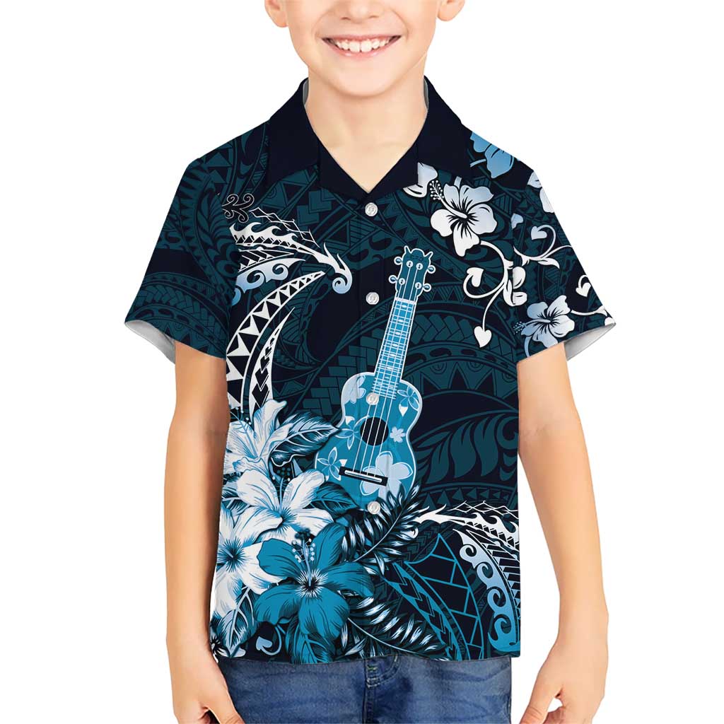 Hawaii Ukulele Kid Hawaiian Shirt Polynesian Pattern Mix Hibiscus Blue Version LT05