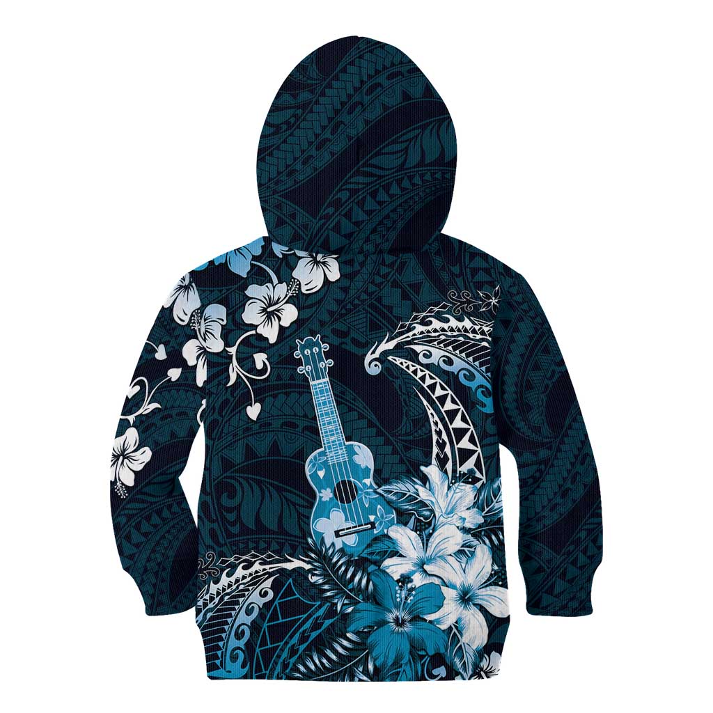 Hawaii Ukulele Kid Hoodie Polynesian Pattern Mix Hibiscus Blue Version LT05