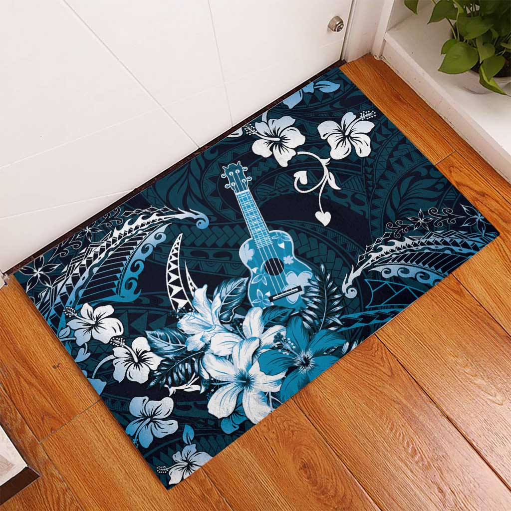 Hawaii Ukulele Rubber Doormat Polynesian Pattern Mix Hibiscus Blue Version