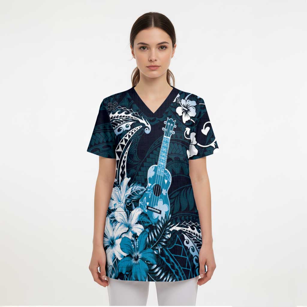 Hawaii Ukulele Scrub Top Polynesian Pattern Mix Hibiscus Blue Version - Polynesian Pride