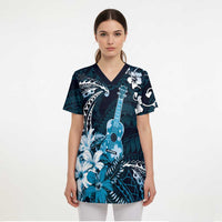 Hawaii Ukulele Scrub Top Polynesian Pattern Mix Hibiscus Blue Version - Polynesian Pride