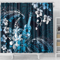 Hawaii Ukulele Shower Curtain Polynesian Pattern Mix Hibiscus Blue Version