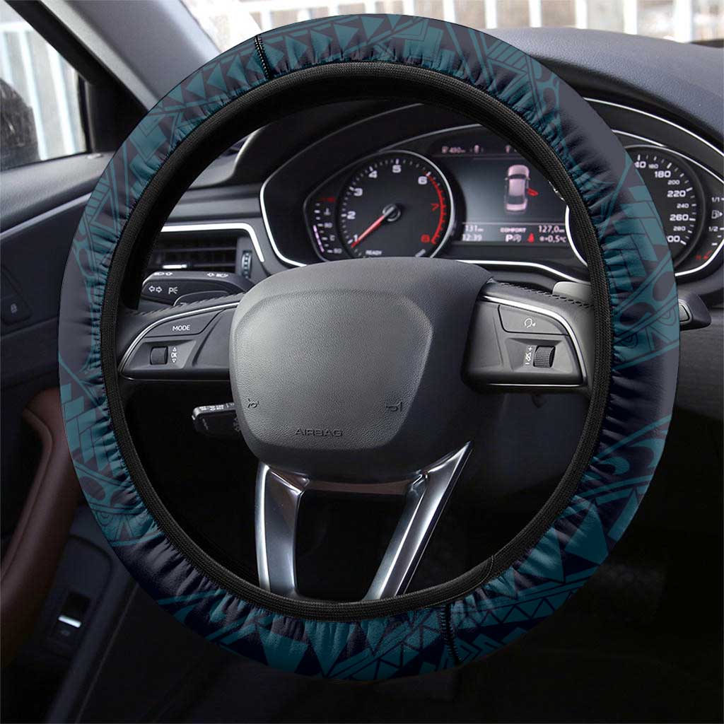 Hawaii Ukulele Steering Wheel Cover Polynesian Pattern Mix Hibiscus Blue Version