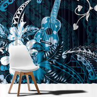 Hawaii Ukulele Window Curtain Polynesian Pattern Mix Hibiscus Blue Version