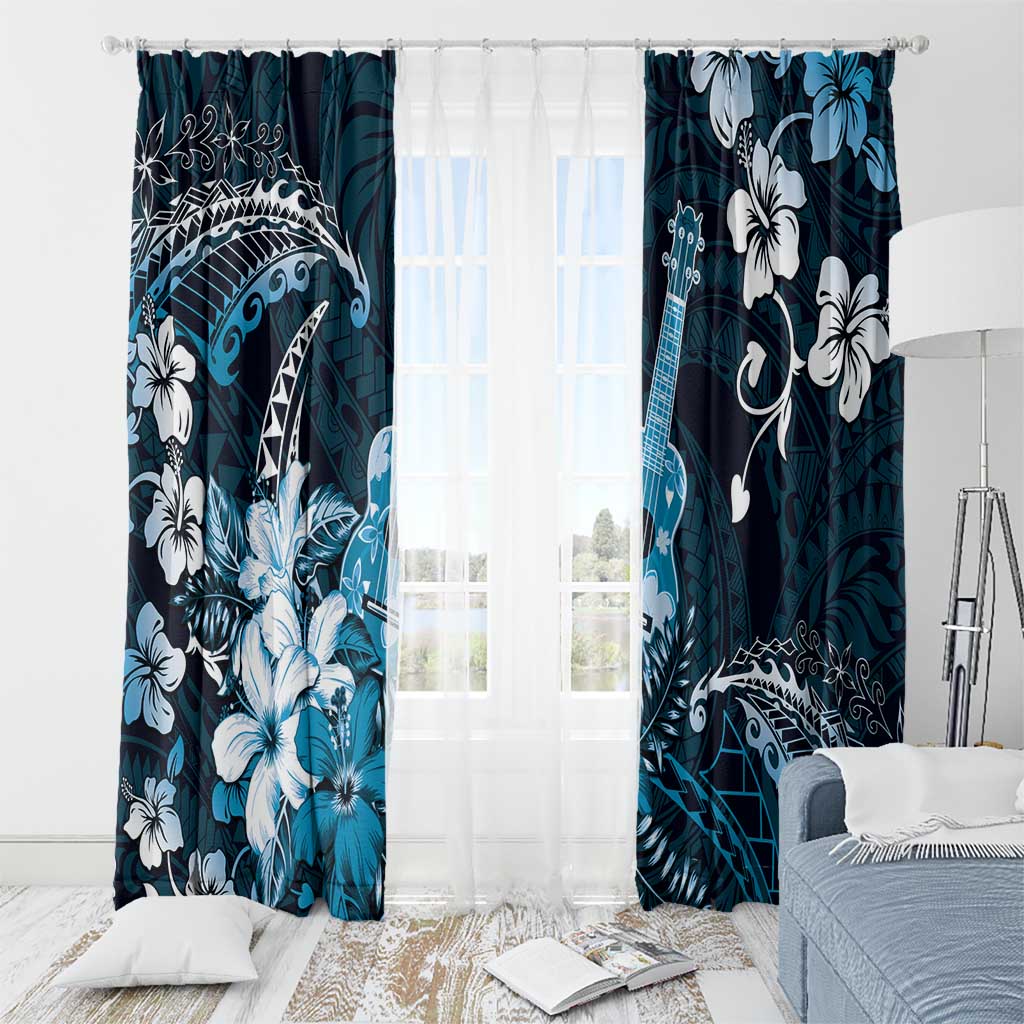 Hawaii Ukulele Window Curtain Polynesian Pattern Mix Hibiscus Blue Version