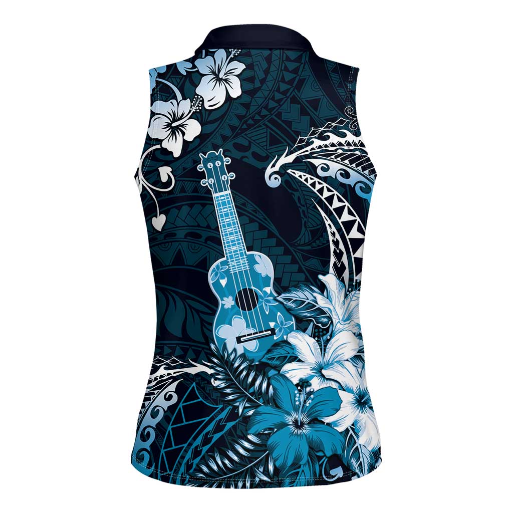Hawaii Ukulele Women Sleeveless Polo Shirt Polynesian Pattern Mix Hibiscus Blue Version LT05