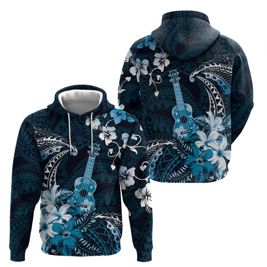 Hawaii Ukulele Zip Hoodie Polynesian Pattern Mix Hibiscus Blue Version LT05