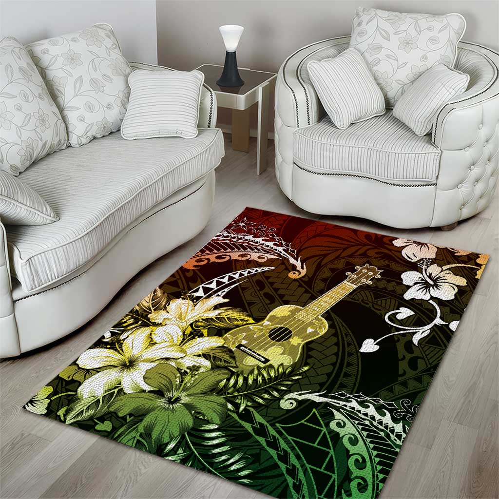 Hawaii Ukulele Area Rug Polynesian Pattern Mix Hibiscus Reggae Version