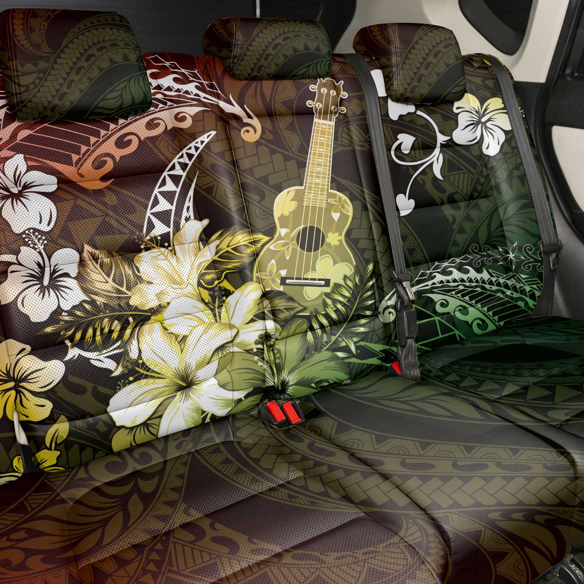 Hawaii Ukulele Back Car Seat Cover Polynesian Pattern Mix Hibiscus Reggae Version
