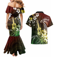 Hawaii Ukulele Couples Matching Mermaid Dress and Hawaiian Shirt Polynesian Pattern Mix Hibiscus Reggae Version LT05