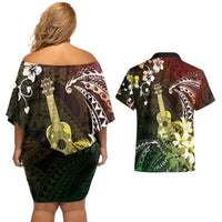 Hawaii Ukulele Couples Matching Off Shoulder Short Dress and Hawaiian Shirt Polynesian Pattern Mix Hibiscus Reggae Version LT05