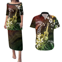 Hawaii Ukulele Couples Matching Puletasi and Hawaiian Shirt Polynesian Pattern Mix Hibiscus Reggae Version LT05