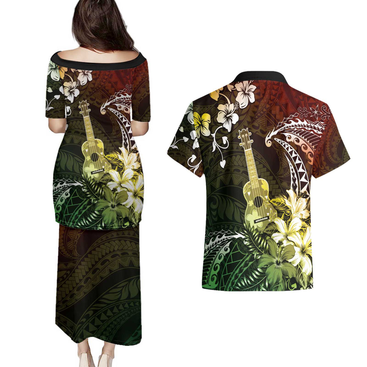 Hawaii Ukulele Couples Matching Puletasi and Hawaiian Shirt Polynesian Pattern Mix Hibiscus Reggae Version LT05