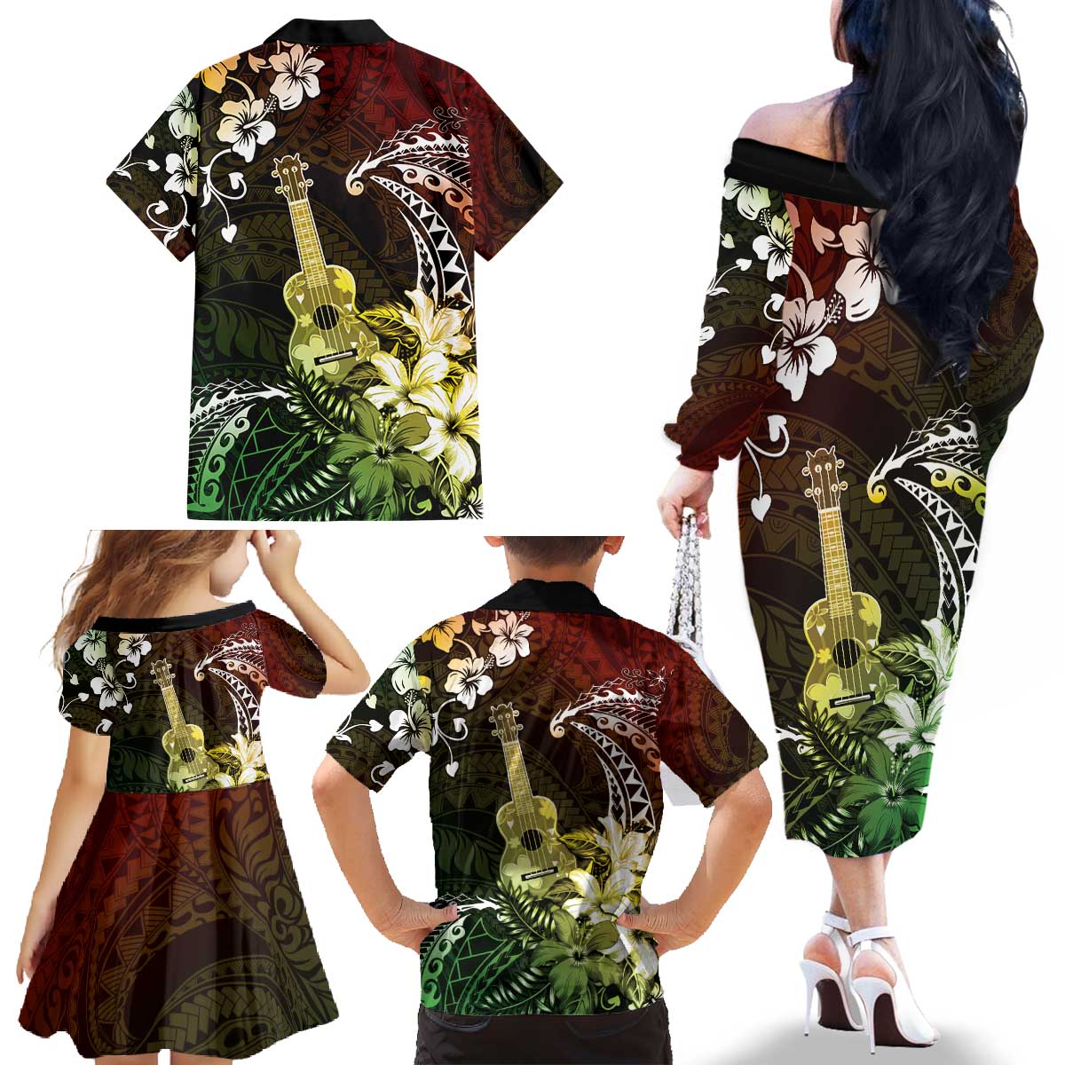 Hawaii Ukulele Family Matching Off The Shoulder Long Sleeve Dress and Hawaiian Shirt Polynesian Pattern Mix Hibiscus Reggae Version LT05